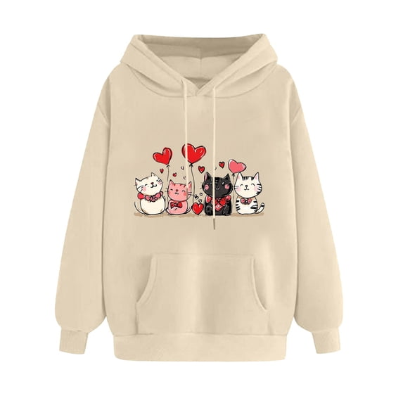 asdoklhq Women's V-Day Tees Ladies' Valentine's Day Printed Long Sleeved Hooded Sweatshirt One Size Larger Beige M