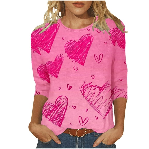 asdoklhq Women's V-Day Tees Women's Fashion Tees Casual Crewneck 3/4 Sleeve Loose T Shirt Ladies Blouses Shirts Multicolor 4X