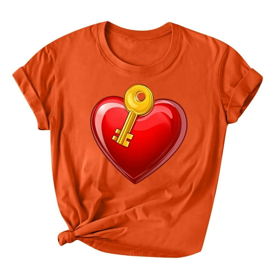 asdoklhq Women's V-Day Tees Women's Lover Printed T-shirt Round Neck Short Sleeved Orange 2X