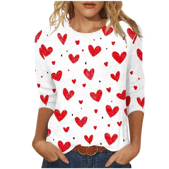 asdoklhq Women's V-Day Tees Women's Printing Blouses 3/4 Sleeve Round Neck Pullover Fashionable Top White XL