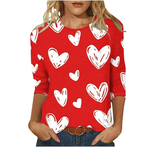 asdoklhq Women's V-Day Tees Womens Fashion Printed Round Neck 3/4 Sleeve T-shirt Pullover Top Blouse Pink M