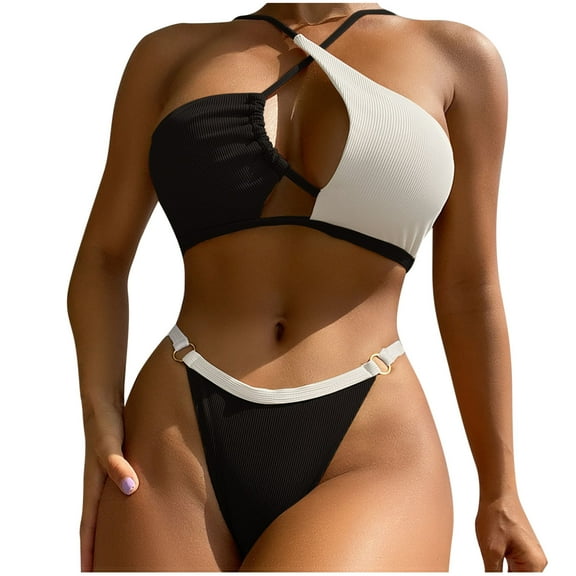 asdoklhq Womens Bathing Suits Tankinis Fashion Comfortable Bikini Women's Plain Color Swimsuit Bikinis Black S