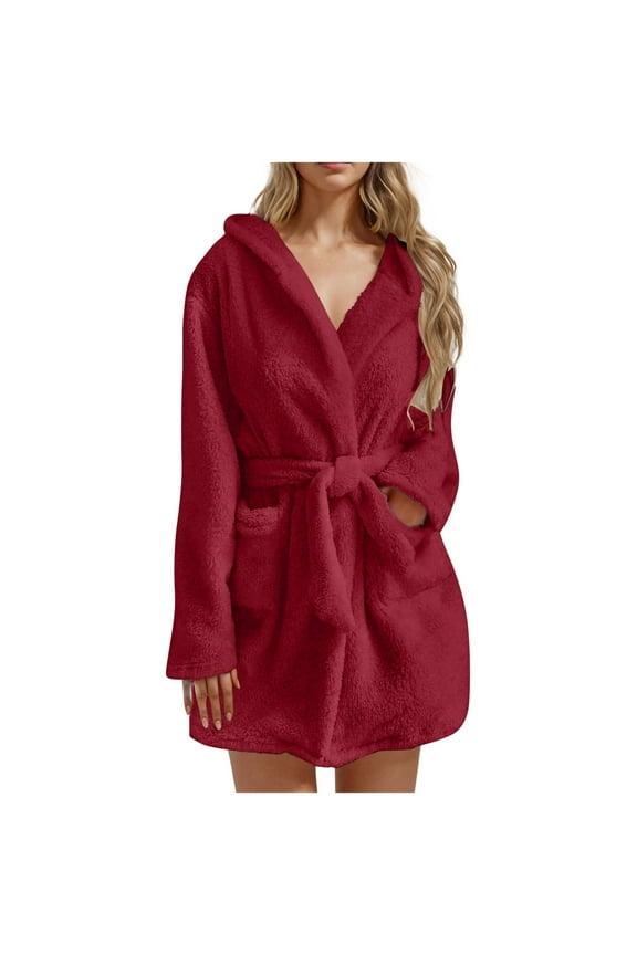 Womens Bathrobe Women Soft Solid Color Long Sleeve V-Neck Winter Sashes Pokets Fleece Faux Velvet Sleepwear Dress Nightgowns Red 3X
