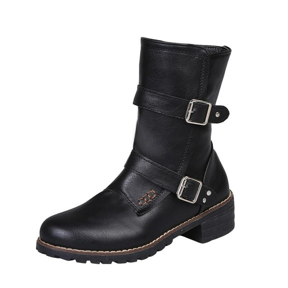 asdoklhq Womens Boots Clearance Under $20, Boots Winter Buckle Strap Chunky Heels Slip On Footwear