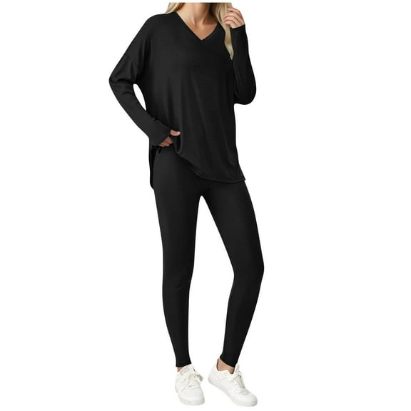 asdoklhq Womens Christmas Pajamas Christmas Fashion Woman V-Neck Solid Ruched Long Sleeve Blouse and Elastic Waist Pocket Long Pants Sets Black XL
