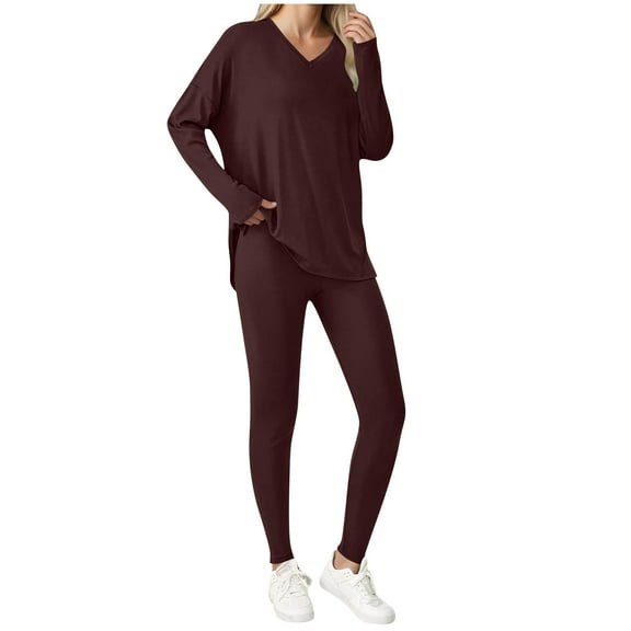 asdoklhq Womens Christmas Pajamas Christmas Fashion Woman V-Neck Solid Ruched Long Sleeve Blouse and Elastic Waist Pocket Long Pants Sets Brown XL