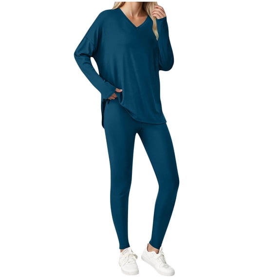 asdoklhq Womens Christmas Pajamas Christmas Fashion Woman V-Neck Solid Ruched Long Sleeve Blouse and Elastic Waist Pocket Long Pants Sets Navy 2X