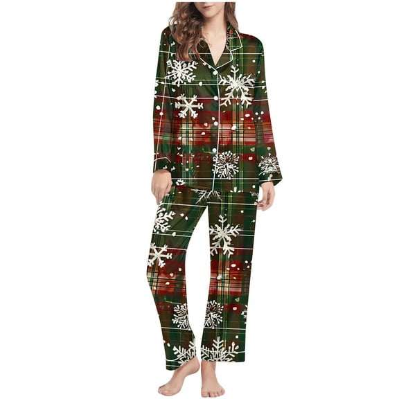 asdoklhq Womens Christmas Pajamas Ladies' Casual Fashion Christmas Long Sleeved Lapel Set Casual Top Pants Pajama Set Army Green S