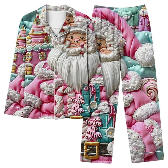 asdoklhq Womens Christmas Pajamas Ladies' Casual Fashion Christmas Printed Long Sleeved Lapel Set Casual Top Pants Pajama Set Pink 2X