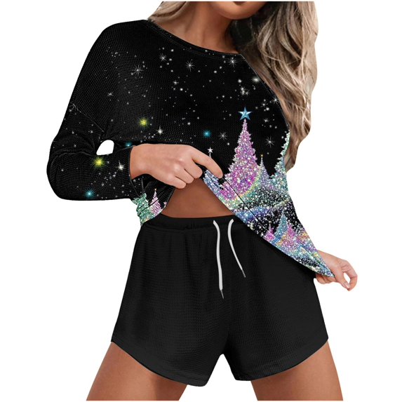 asdoklhq Womens Christmas Pajamas Women's Christmas Printed Winter Fashionable Casual Long Sleeved Home Sleepwear Set Multicolor 2X