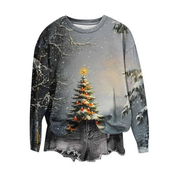 asdoklhq Womens Christmas Sweater Womens Shirts Crewneck Cute Funny Ghost Print Trendy Long Sleeve Sweatshirts Gray S