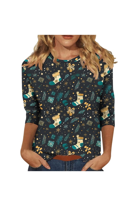 Womens Christmas Sweater's Christmas Printed Round Neck 3/4 Sleeve T-shirt Loose Top Long Sleeve Round Neck Top/Shirt Gold S