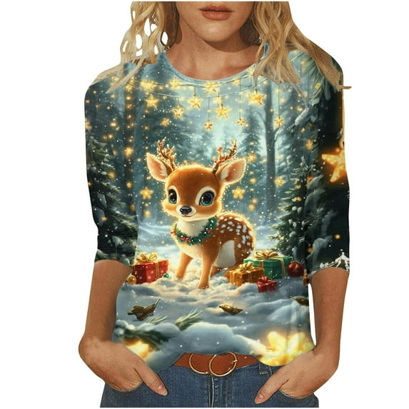 asdoklhq Womens Christmas Tops Christmas Fashion Woman Casual Round Neck Printing Blouse 3/4 Sleeve T-Shirt Summer Gray M