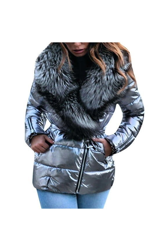 Womens Clearance Coats Plus Size Shiny Big Collar Short Long-sleeved Cotton Down Padded Jacket