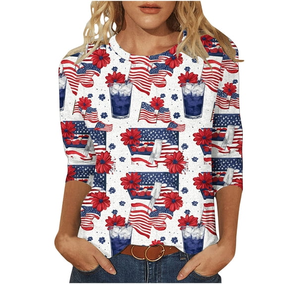 asdoklhq Womens Cute Tops 3/4 Length Sleeve Shirts Colorful Graphic Tees Women Crew Neck 3/4 Sleeve Flag Star Print T-Shirt Casual Loose Patriotic Top Red L