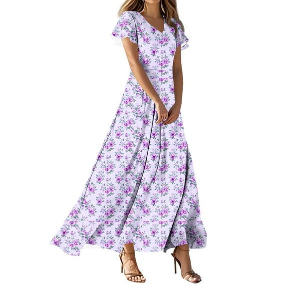 asdoklhq Womens Dress Fashion Casual Printed Slim Women Casual Short Sleeve V-Neck Knee-High Dress Multicolor XL