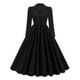thumbnail image 1 of asdoklhq Womens Dress Ladies' Fall V-neck Long Sleeved Solid Color Lapel Cinched Waist Elegant Dress Black XL, 1 of 5