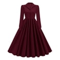 thumbnail image 1 of asdoklhq Womens Dress Ladies' Fall V-neck Long Sleeved Solid Color Lapel Cinched Waist Elegant Dress Wine S, 1 of 6