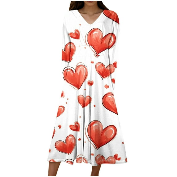asdoklhq Womens Dress Long Sleeved V-neck Valentine's Day Printed Dress Multicolor M