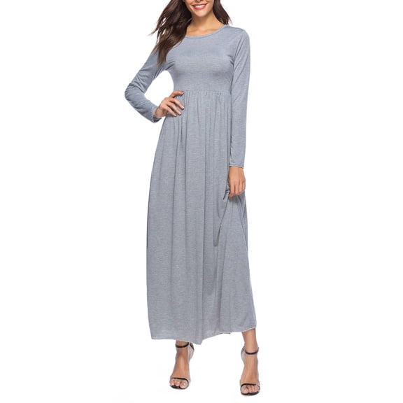 asdoklhq Womens Dress Women Crew Neck Long Sleeve High-Waisted Loose Casual Maxi Solid Dress Gray 2X