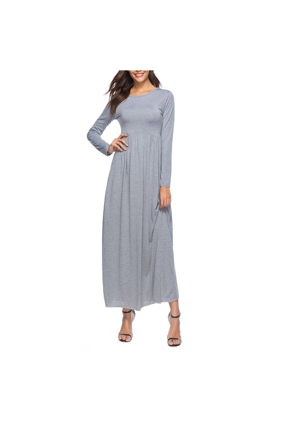 Womens Dress Women Crew Neck Long Sleeve High-Waisted Loose Casual Maxi Solid Dress Gray 3X