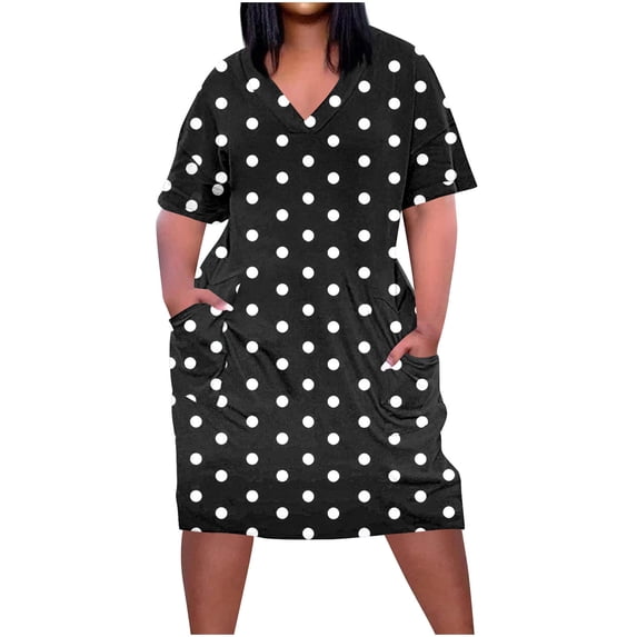 asdoklhq Womens Dress Women's Fashion Large Print Short Sleeved-neck Pocket Dress Black L