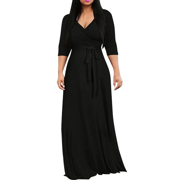 asdoklhq Womens Dress Women's Solid Color V-neck Waist Cinched Half Sleeved Jumpsuit Long Dress Black L