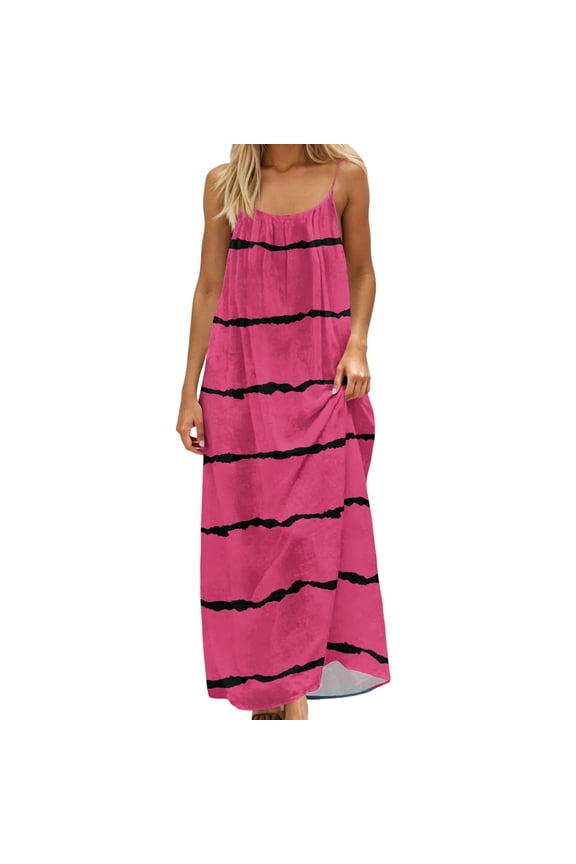 Womens Dresses Formal Gown Fashion Women Summer Round-Neck Casual Printed Sleeveless Sleepshirts Sling Backless Dress Hot Pink 4X