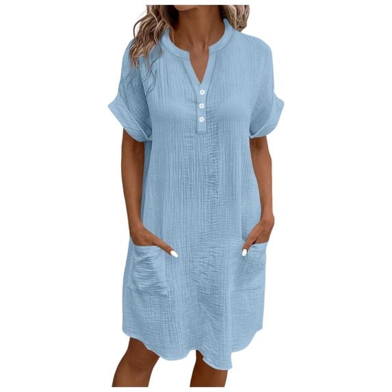 asdoklhq Womens Dresses Short Sleeve Women's Solid Color V-neck Button Short Sleeved Pocket Jumpsuit Long Skirt Light Blue S
