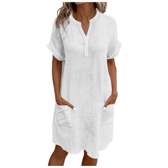 asdoklhq Womens Dresses Short Sleeve Women's Solid Color V-neck Button Short Sleeved Pocket Jumpsuit Long Skirt White L