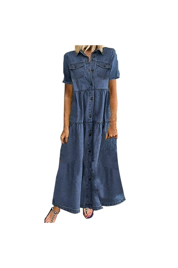 Womens Dresses, Women Button Loose Solid V-neck Lmitation Denim Short Sleeve Long Dress