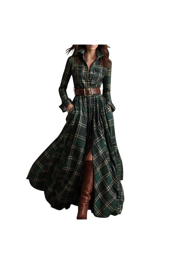 Womens Dresses Women's Plaid Irregular Long Sleeved Collared Button Up Shirt Jacket Dress with Belt Green 2X