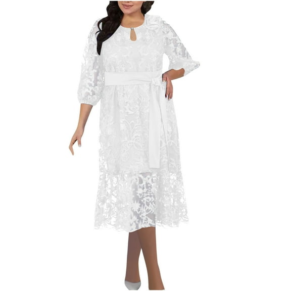 asdoklhq Womens Dresses for Wedding Guest Ladies' Heavy Industry Lace Embroidered Dress Button Belt Sleeve V-neck Dress Evening Dress White 5X