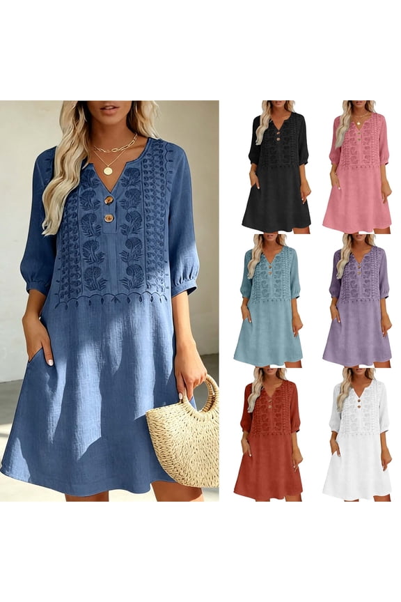 Womens Easter Dress House Dress Boho Embroidered Tunic Dress V Neck 3/4 Sleeve Casual Loose Mini Dress for Summer Beach Green S