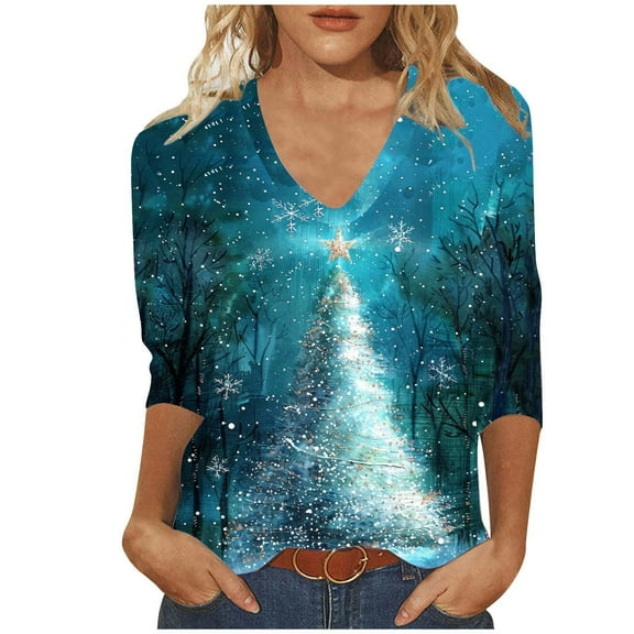 asdoklhq Womens Fall Sweaters Ladies' Christmas Fashion Casual Printed V-neck Quarter Sleeve Top Blue 2X