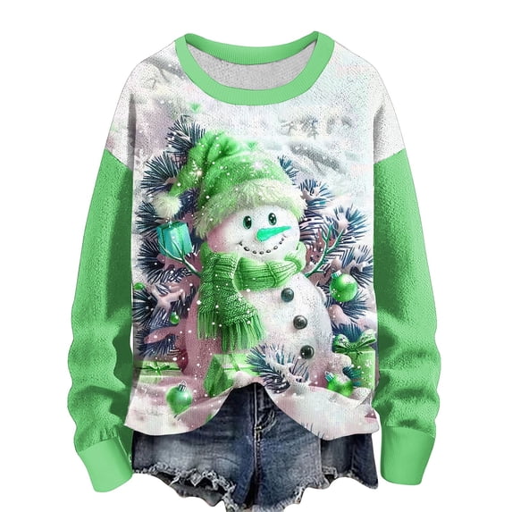 asdoklhq Womens Fall Tops Women's Casual Christmas Printed Round Neck Long Sleeve Pullover Sweater Knitted Striped Top Green S