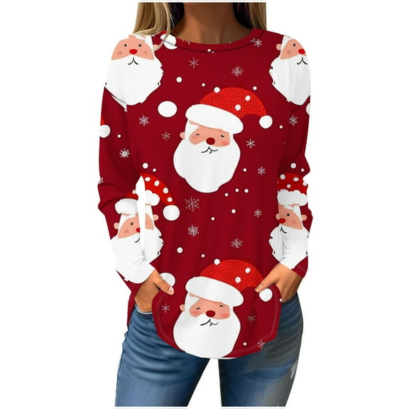 asdoklhq Womens Fall Tops Women's Fashion Printed Loose T-shirt Long Sleeves Blouse Round Neck Casual Red 4X