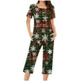 thumbnail image 1 of asdoklhq Womens Flannel Pajamas Sets Women's Fashionable and Casual Loose Christmas Printed Round Neck Short Sleeved Button Top Cropped Pants Pajamas Sleepwear Set Army Green 2X, 1 of 6