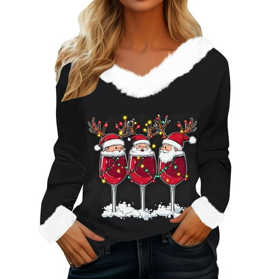 asdoklhq Womens Flannel Shirt Ladies' Loose and Casual Christmas Tree Printed Patchwork V-neck Long Sleeved Top Multicolor XL
