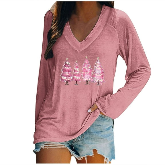 asdoklhq Womens Flannel Shirt Women's Fashion Christmas Printed Loose Long Sleeve Blouse V-Neck Casual Pullover Blouses Pink M