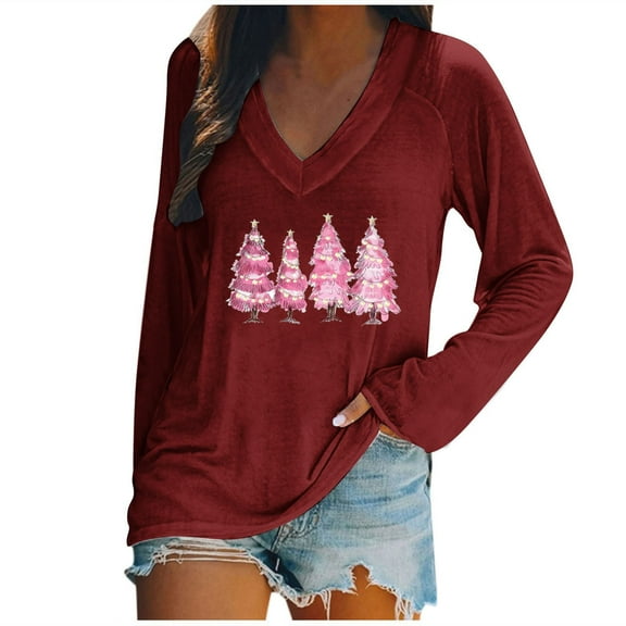 asdoklhq Womens Flannel Shirt Women's Fashion Christmas Printed Loose Long Sleeve Blouse V-Neck Casual Pullover Blouses Wine L