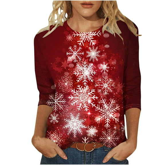 asdoklhq Womens Flannel Shirt Women's Fashion Printed T-shirt 3/4 Sleeves Blouse Round Neck Casual Red 4X