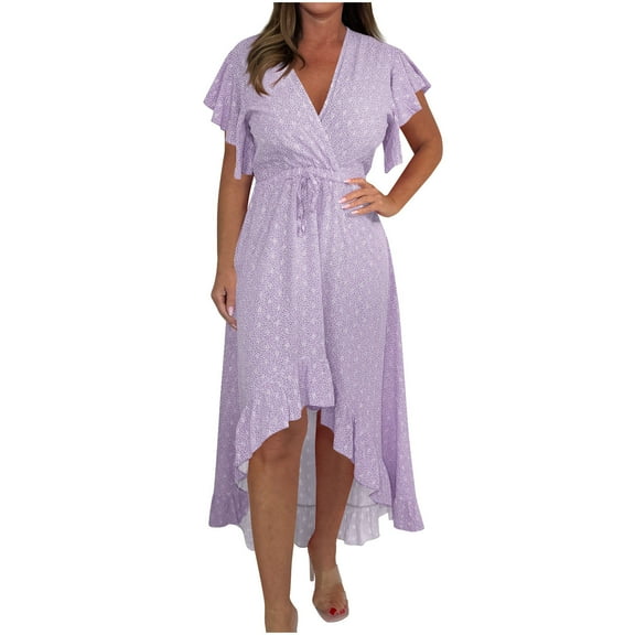 asdoklhq Womens Holiday Dresses Women's Casual Vacation Style V-Neck Printed Short-Sleeved Ruffled Dress Purple 3X