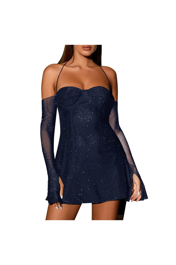 Womens Holiday Dresses Women's Mesh Long Sleeved Neck -piece Sequined Dress Blue XL