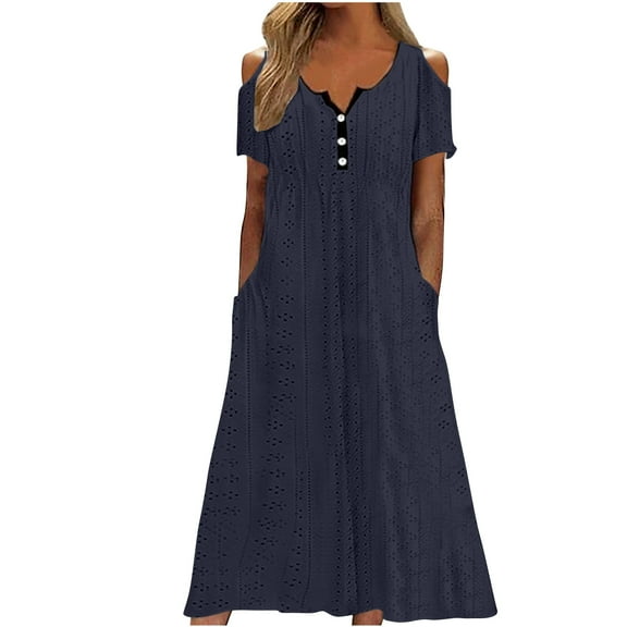 asdoklhq Womens Holiday Dresses Women's Summer Fashion Solid Color ButtonHollowing Out Pocket Short Sleeve Round-Neck Dress Navy M