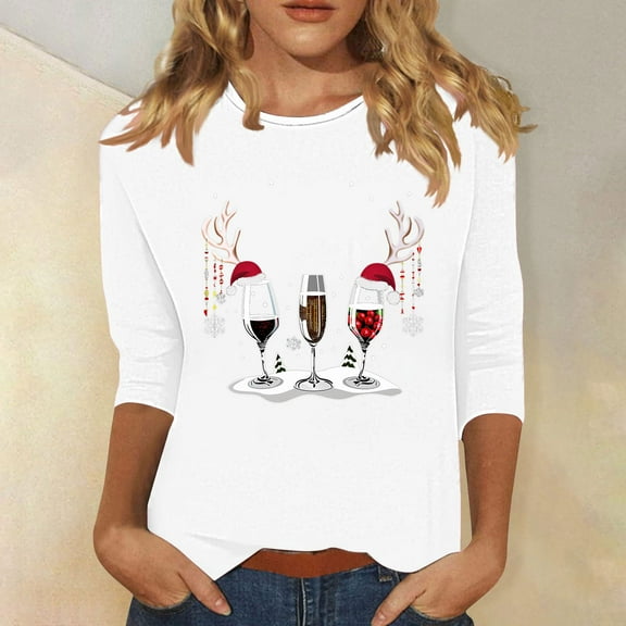 asdoklhq Womens Long Sleeve Tops Fashion Women's Comfortable Round-Neck 3/4 Sleeve Print Casual T-shirt Blouse White L