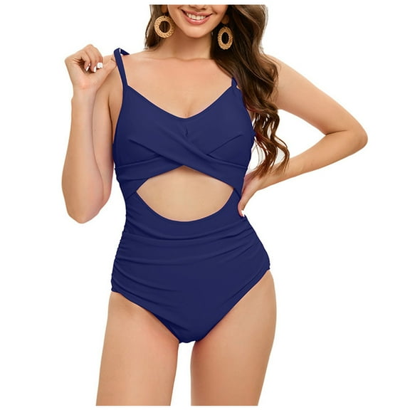 asdoklhq Womens One Piece Swimsuits Women's Halterneck Strappy Back-Beautiful Pleated Belly Cover Slim Swimsuit Blue S
