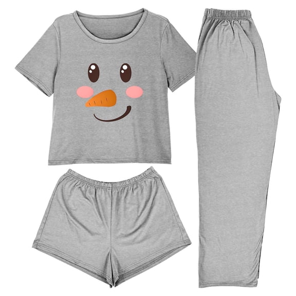 asdoklhq Womens Pajamas 3PCS Women's Home Casual Pants Short Sleeves Tops and Shorts Pajamas Set Gray XL