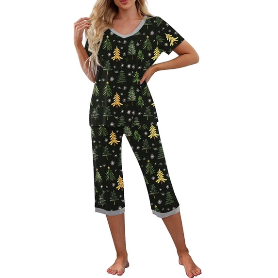 asdoklhq Womens Pajamas Set Christmas Women V-neck Short Sleeved Pajamas and Pants Set Casual Pajamas with Pockets Green XL