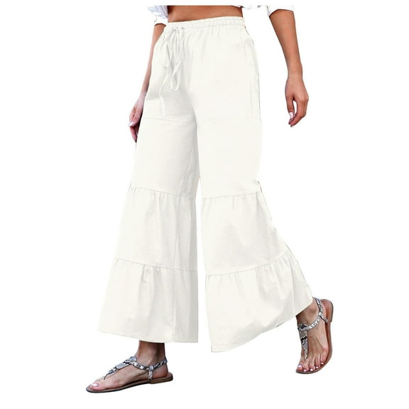 asdoklhq Womens Plus Capris,Women Casual Solid Pants Comfortable Elastic High Waist Wide Leg Casual Loose Beach Pants